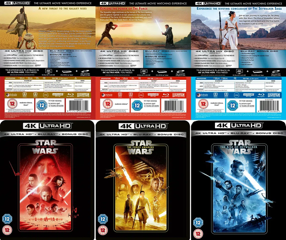 Star Wars Sequel Trilogy: The Force Awakens / The Last Jedi / The Rise of Skywalker [9-Disc Set] [4K UHD + Blu-ray] [Region Free]