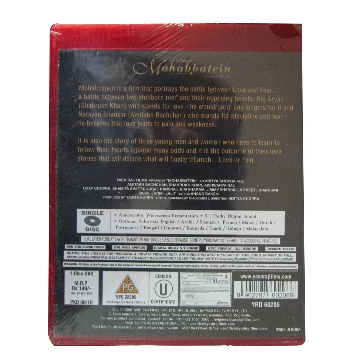 Mohabbatein (2000) - Amitabh Bachchan - Shah Rukh Khan - Aishwarya Rai - Bollywood - Indian Cinema - Hindi Film [DVD] [NTSC]