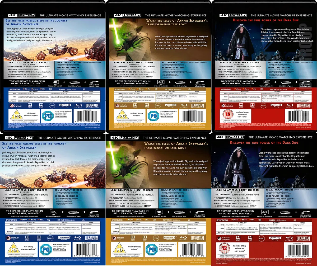 Star Wars Prequel Trilogy: Episode I - The Phantom Menace / Episode II - Attack of the Clones / Episode III - Revenge of the Sith [9-Disc Set] [4K UHD + Blu-ray] [Region Free]